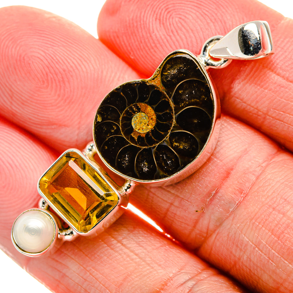 Ammonite Fossil, Citrine, Cultured Pearl Pendant 1 7/8" (925 Sterling Silver) PD36993