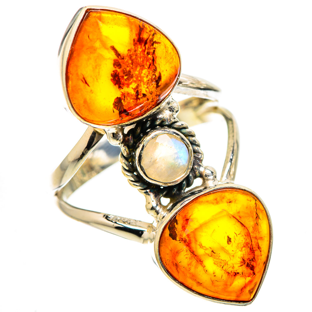 Large Baltic Amber, Rainbow Moonstone Ring Size 9 (925 Sterling Silver) RING135561