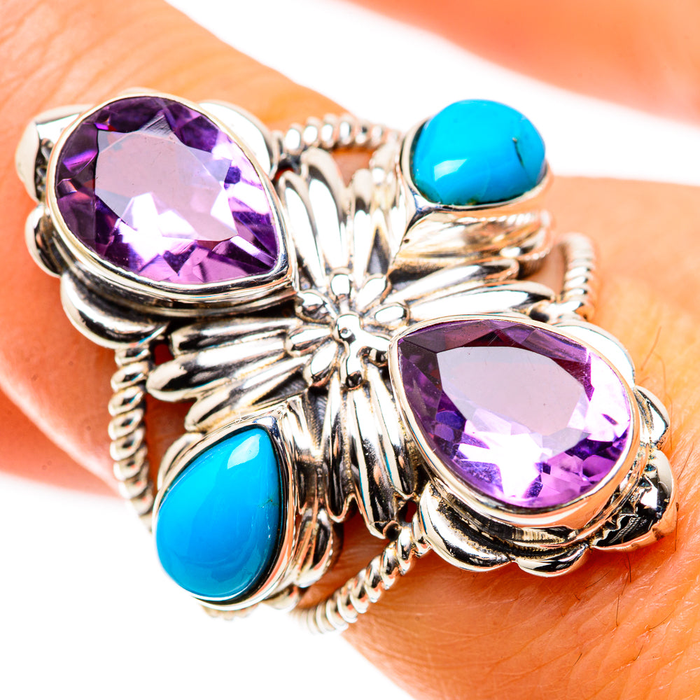 Anasilvercos Large Faceted Amethyst, Sleeping Beauty Turquoise Ring Size 7.25 (925 Sterling Silver)
