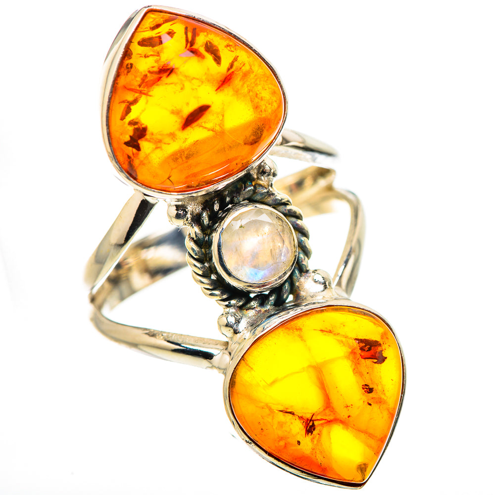 Large Baltic Amber, Rainbow Moonstone Ring Size 8 (925 Sterling Silver) RING134699