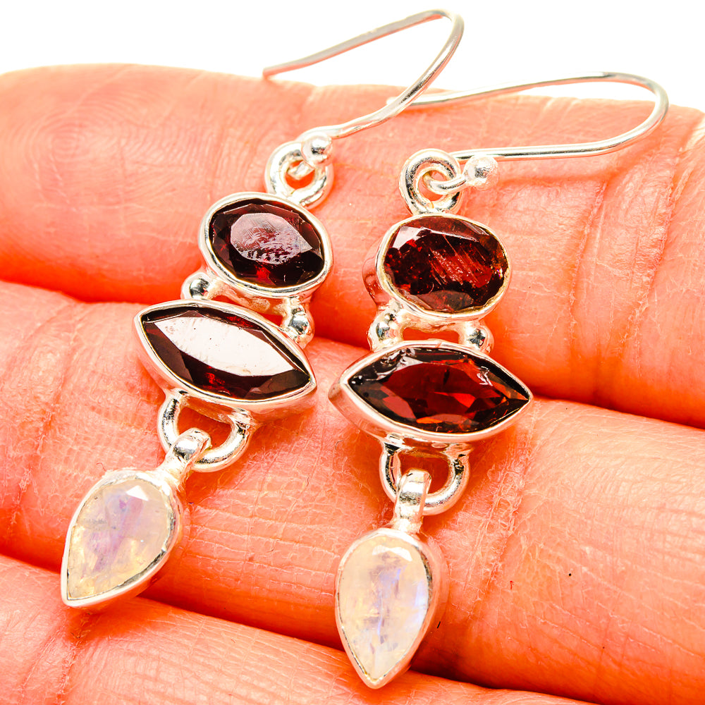 Garnet, Rainbow Moonstone Earrings 1 3/4" (925 Sterling Silver) EARR431601