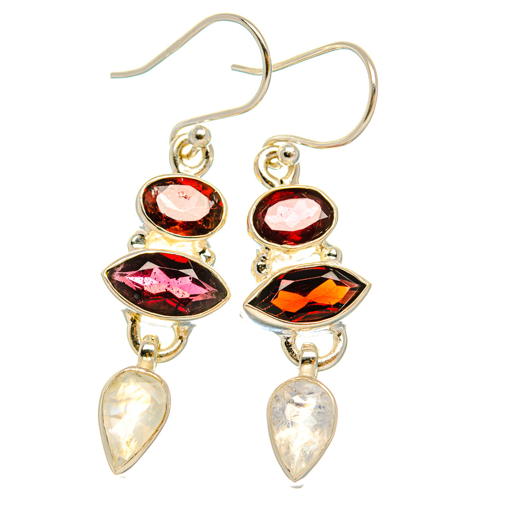 Anasilvercos Garnet, Rainbow Moonstone Earrings 1 3/4" (925 Sterling Silver)