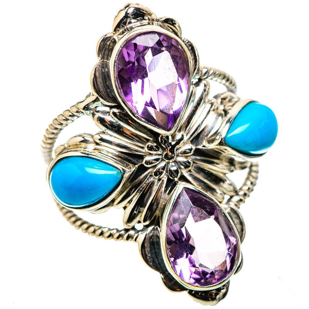 Anasilvercos Large Faceted Amethyst, Sleeping Beauty Turquoise Ring Size 8.25 (925 Sterling Silver)