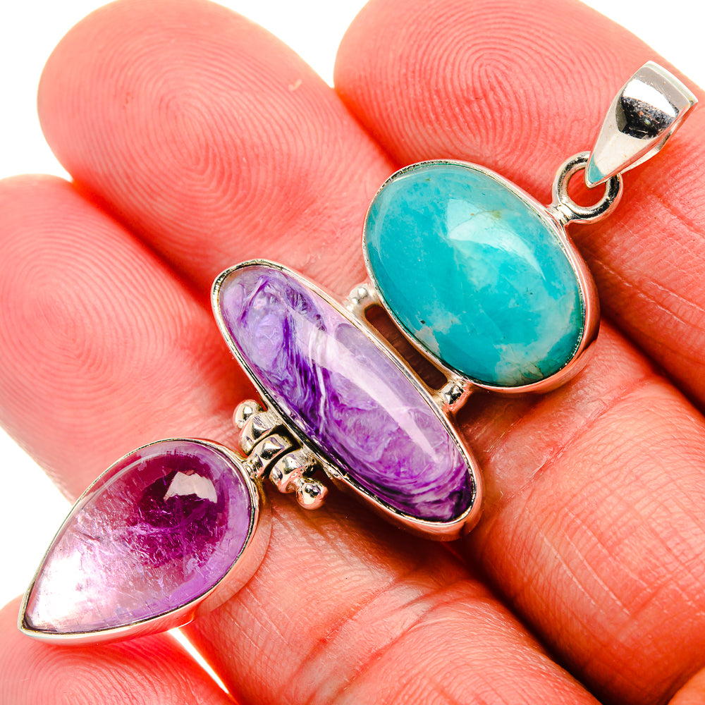 Charoite, Amethyst, Amazonite 925 Sterling Silver Pendant 2 1/4" (925 Sterling Silver) PD37736