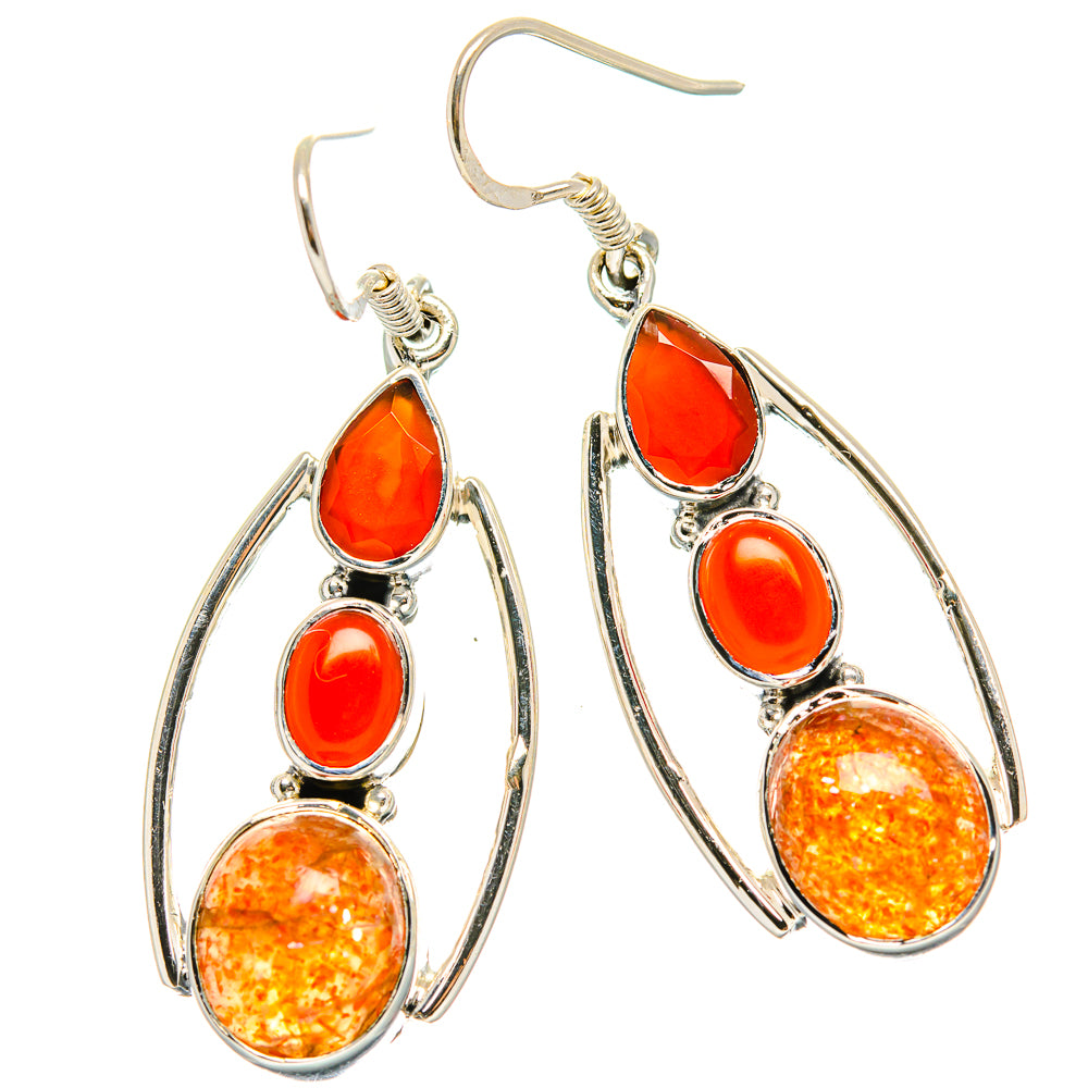 Sunstone, Red Onyx Earrings 1 3/4" (925 Sterling Silver) EARR431511