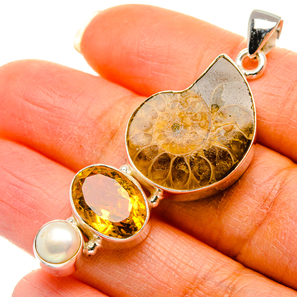 Ammonite Fossil, Citrine, Cultured Pearl Pendant 2"  (925 Sterling Silver) PD37252