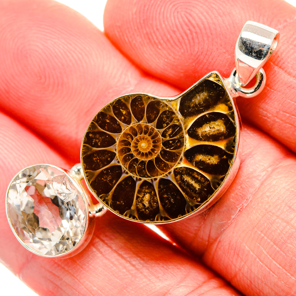 Ammonite Fossil, White Quartz Pendant 1 3/4"  (925 Sterling Silver) PD36916