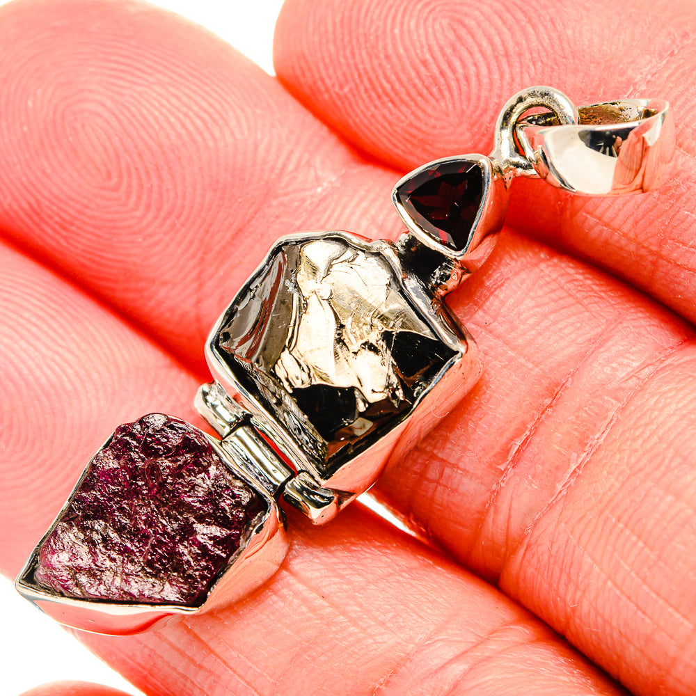 Rough Shungite, Pink Tourmaline, Garnet Pendant 2" (925 Sterling Silver) PD36813