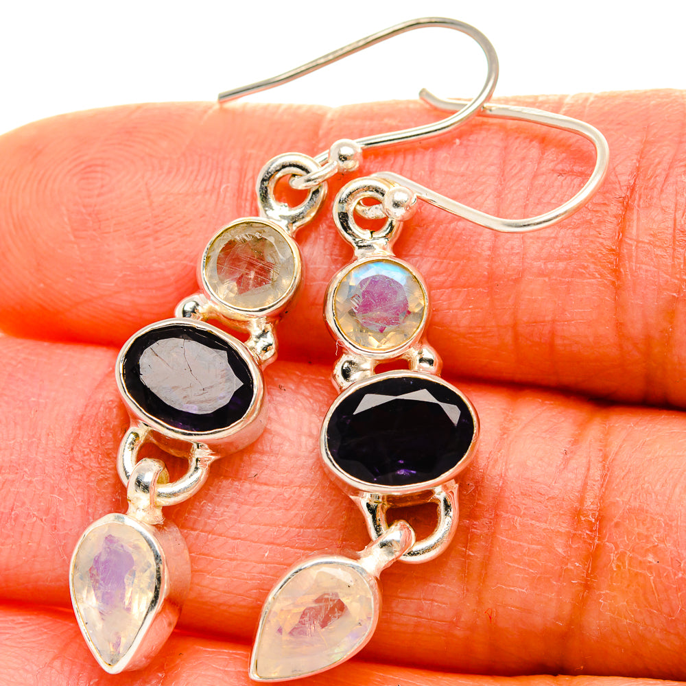 Anasilvercos Faceted Tanzanite, Rainbow Moonstone Earrings 1 3/4" (925 Sterling Silver)