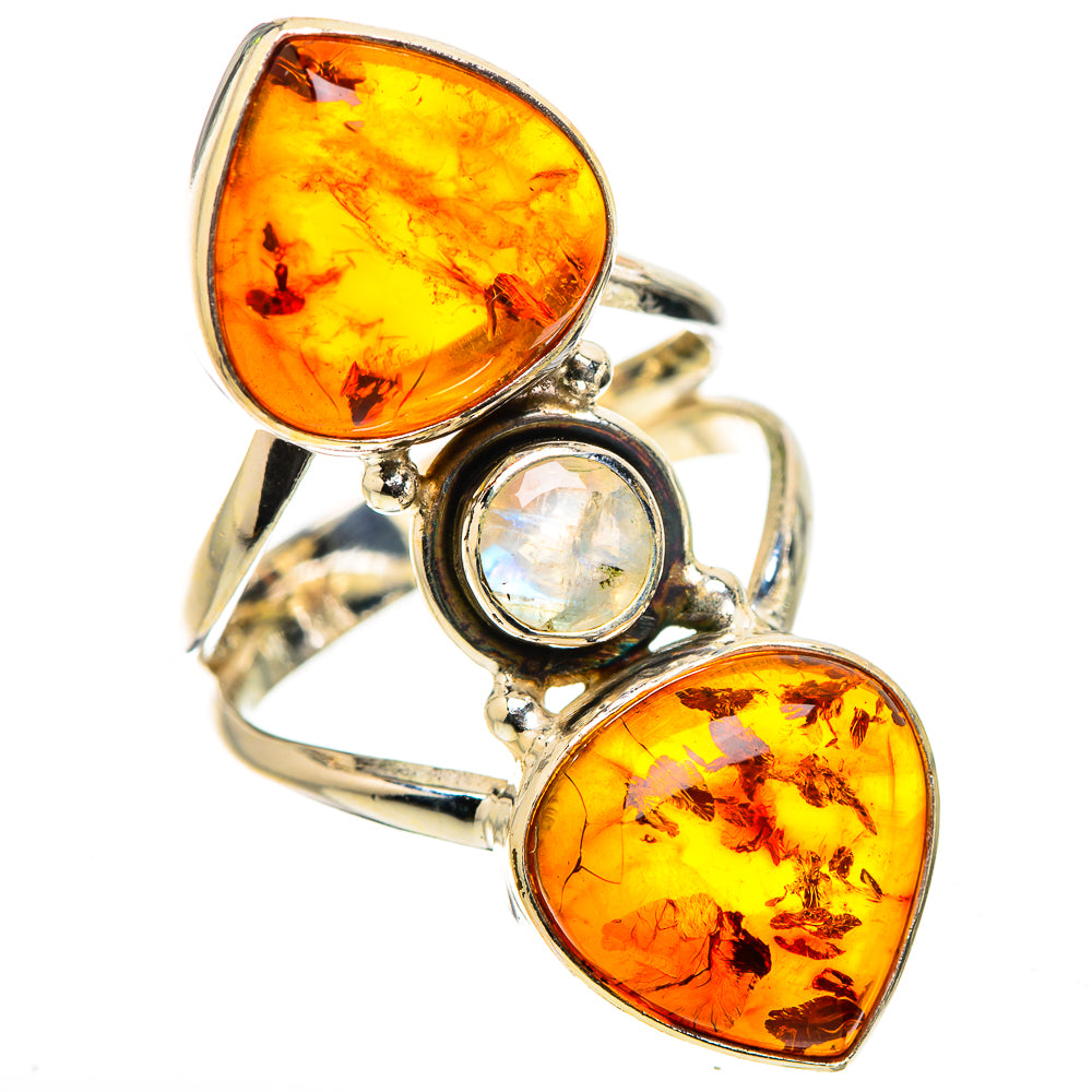Large Baltic Amber, Rainbow Moonstone Ring Size 7 (925 Sterling Silver) RING135775