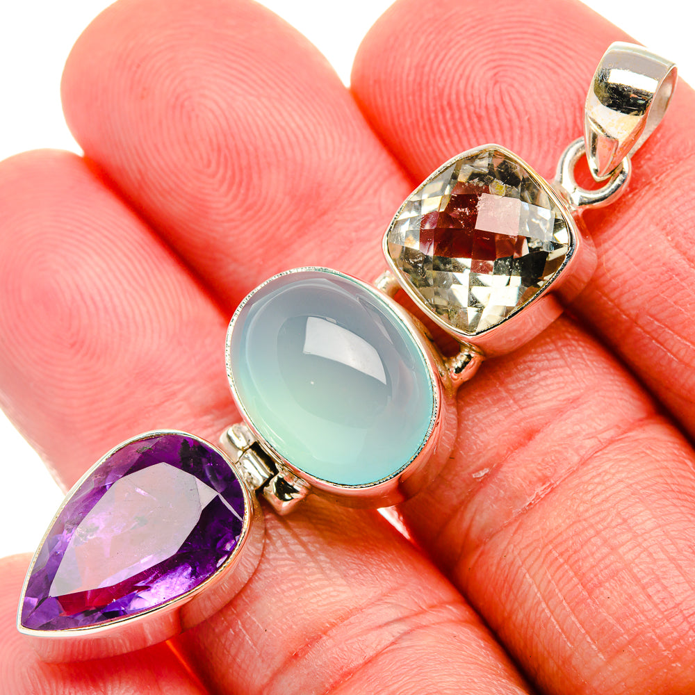 Natural Aquamarine, Amethyst, Green Amethyst Pendant 2 1/4" (925 Sterling Silver) PD37595
