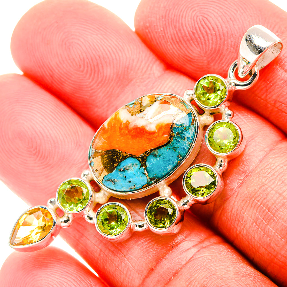 Spiny Oyster Turquoise, Peridot, Citrine Sterling Silver Pendant 2 1/8" P37371
