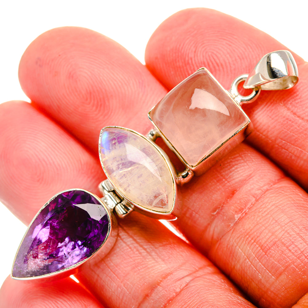 Faceted Amethyst, Rose Quartz, Rainbow Moonstone Pendant 2 1/4" (925 Sterling Silver) PD37480
