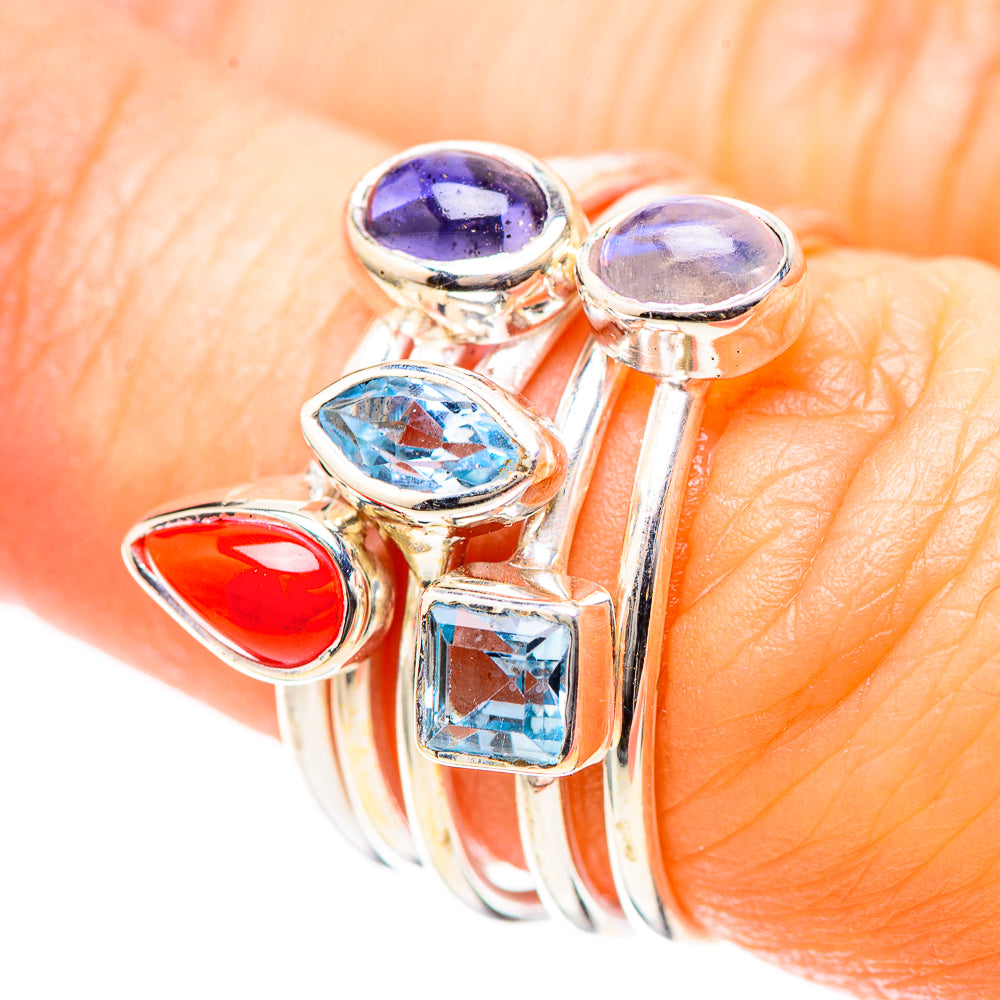 Red Coral, Tanzanite, Blue Topaz, Rainbow Moonstone Ring Size 6.5 (925 Sterling Silver) RING136674