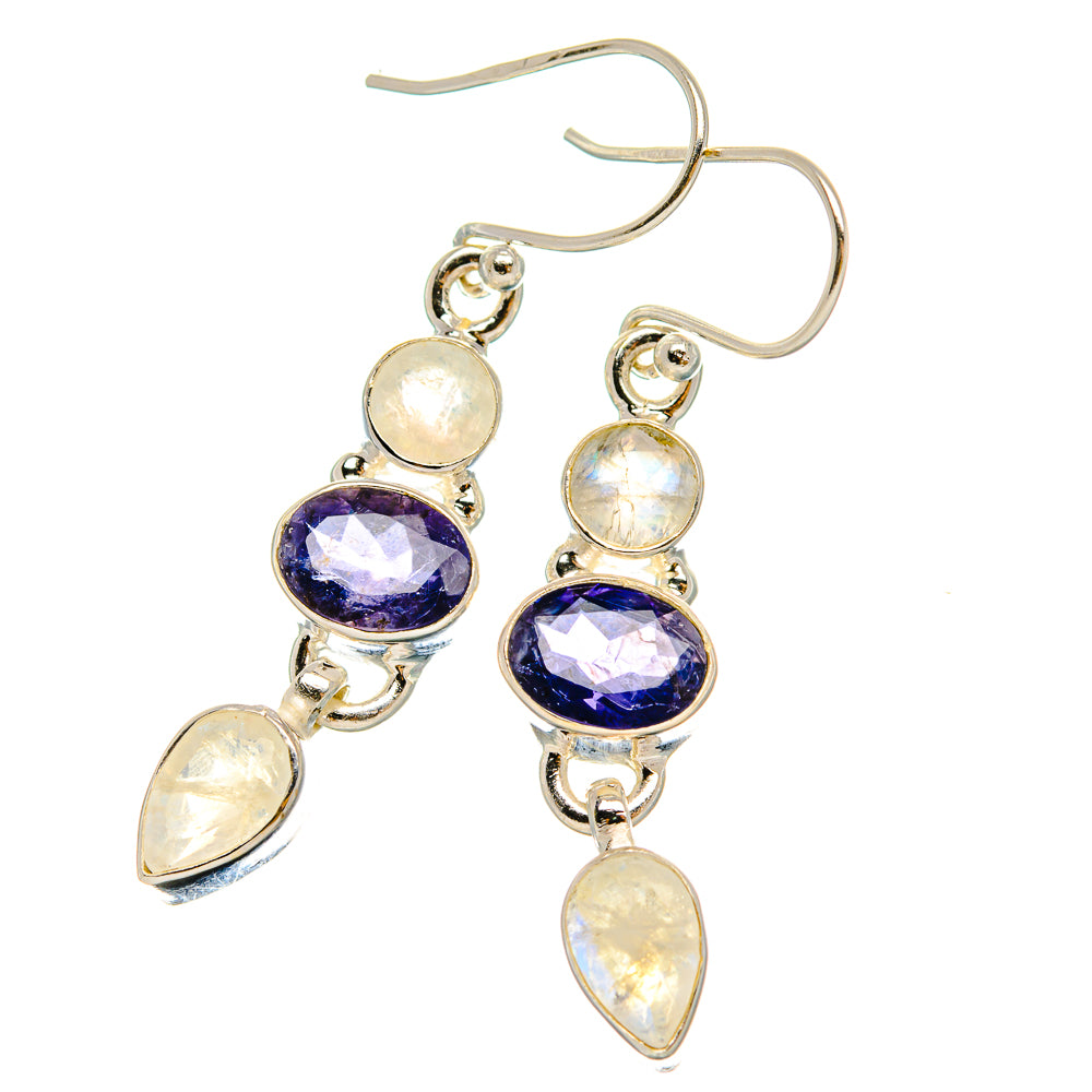 Anasilvercos Faceted Tanzanite, Rainbow Moonstone Earrings 1 3/4" (925 Sterling Silver)