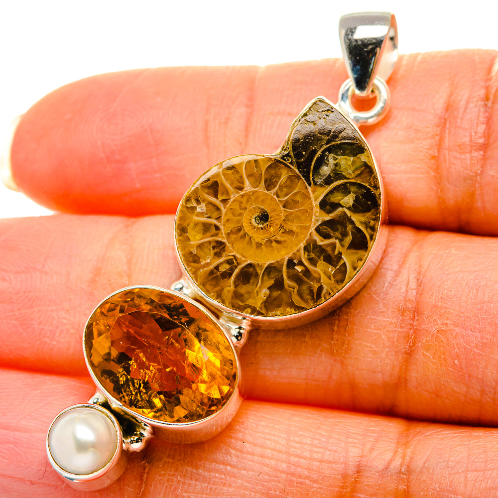 Ammonite Fossil, Citrine, Cultured Pearl Pendant 2"  (925 Sterling Silver) PD37244