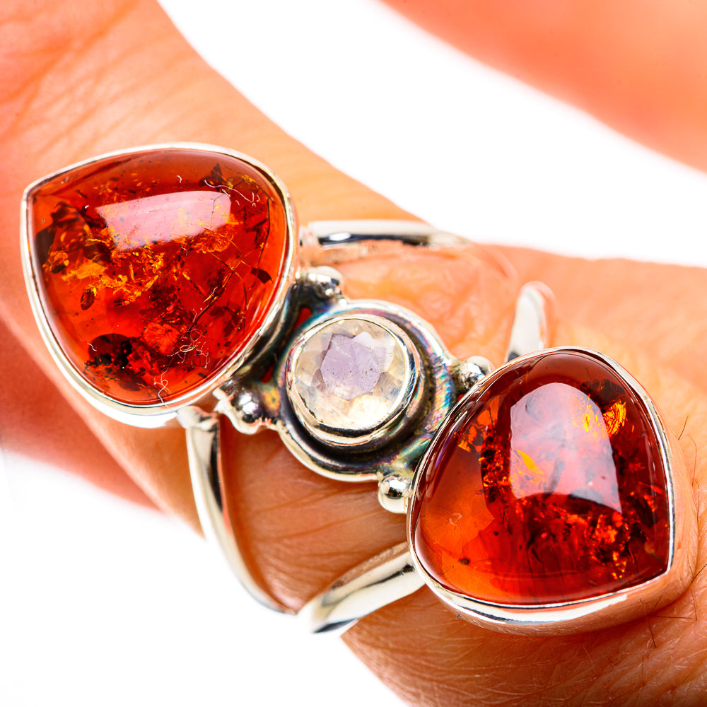 Anasilvercos Large Baltic Amber, Rainbow Moonstone Ring Size 7 (925 Sterling Silver)