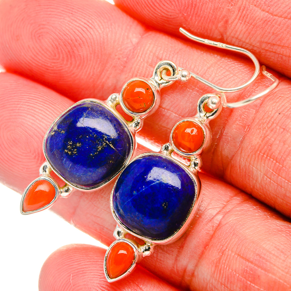 Lapis Lazuli, Red Coral Earrings 1 3/4" (925 Sterling Silver) EARR431878