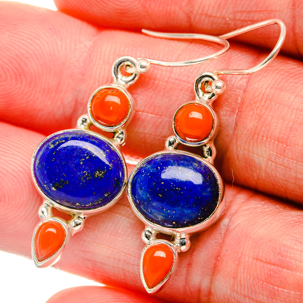Lapis Lazuli, Red Coral Earrings 1 5/8" (925 Sterling Silver) EARR431858