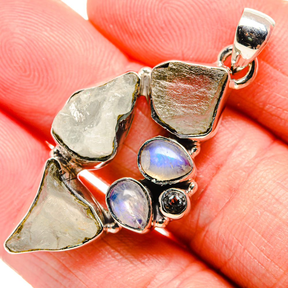 Rough Aquamarine, Rainbow Moonstone, Tanzanite Pendant 2" (925 Sterling Silver) PD36744