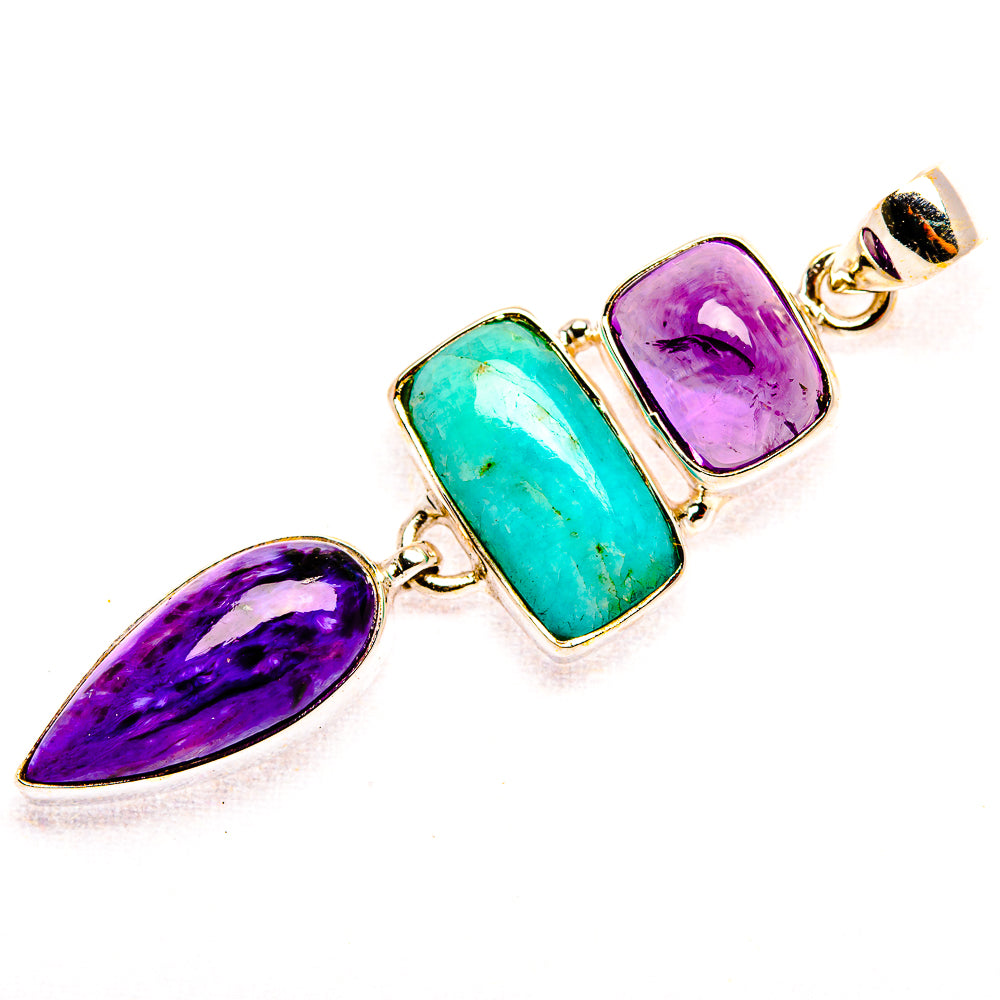 Amazonite, Charoite, Amethyst 925 Sterling Silver Pendant 2 1/4" (925 Sterling Silver) PD37702