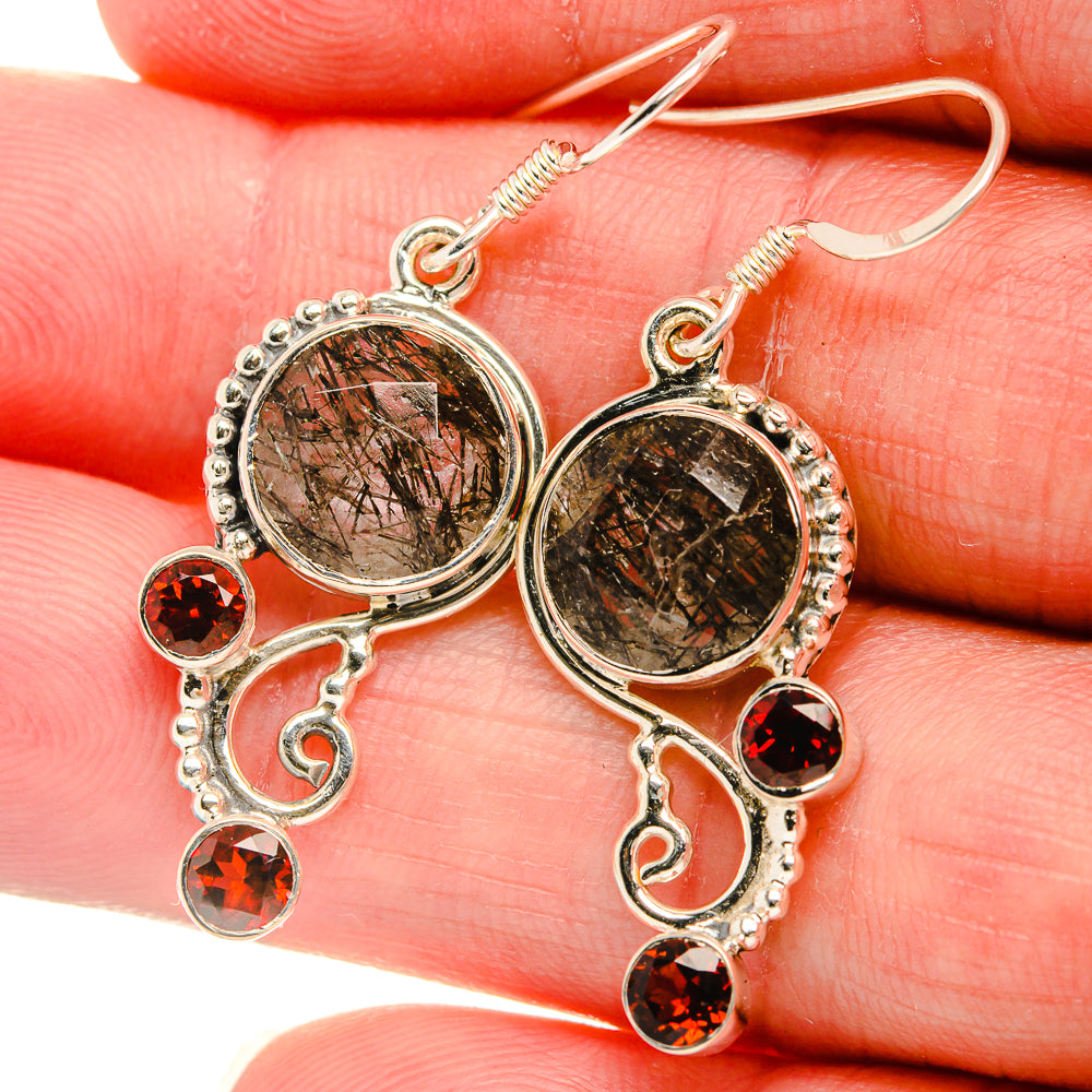 Tourmalinated Quartz, Garnet 925 Sterling Silver Earrings 1 5/8" Ana Co E431813