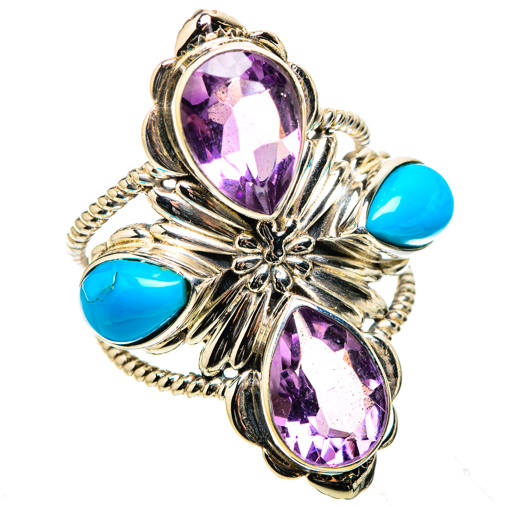 Anasilvercos Large Faceted Amethyst, Sleeping Beauty Turquoise Ring Size 7.25 (925 Sterling Silver)