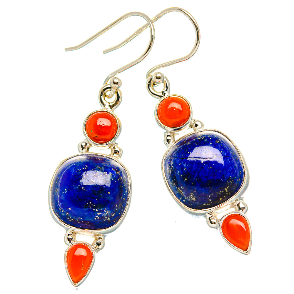 Lapis Lazuli, Red Coral 925 Sterling Silver Earrings 1 5/8" (925 Sterling Silver) EARR431919