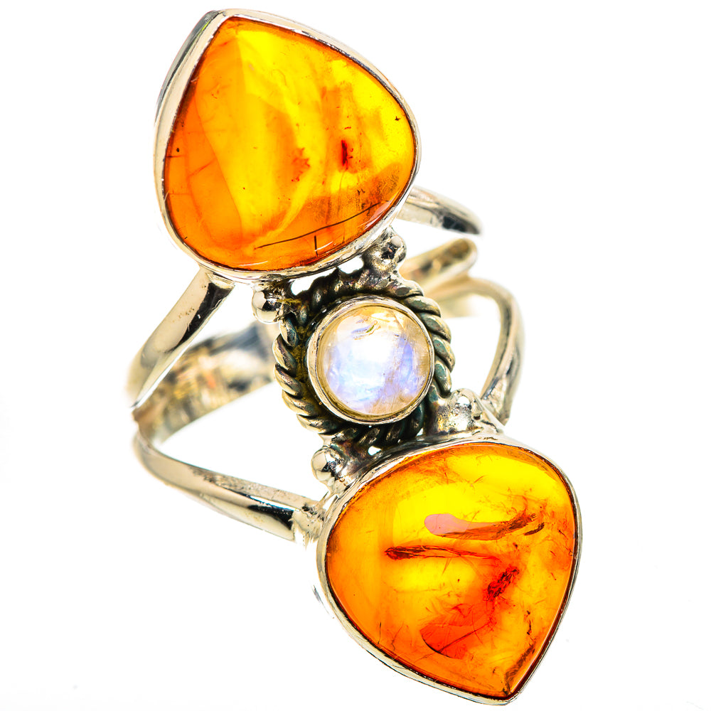 Large Baltic Amber, Rainbow Moonstone Ring Size 7.5 (925 Sterling Silver) RING135776