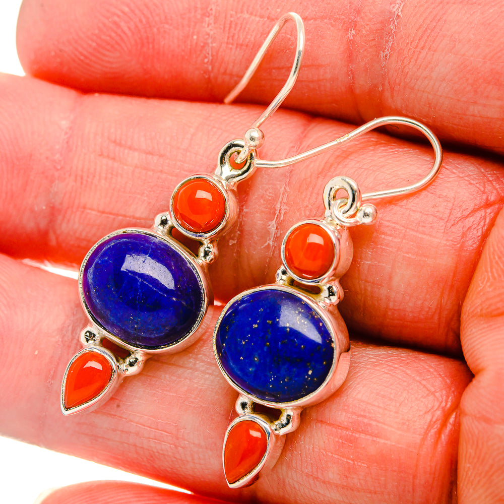 Lapis Lazuli, Red Coral Earrings 1 5/8" (925 Sterling Silver) EARR431829