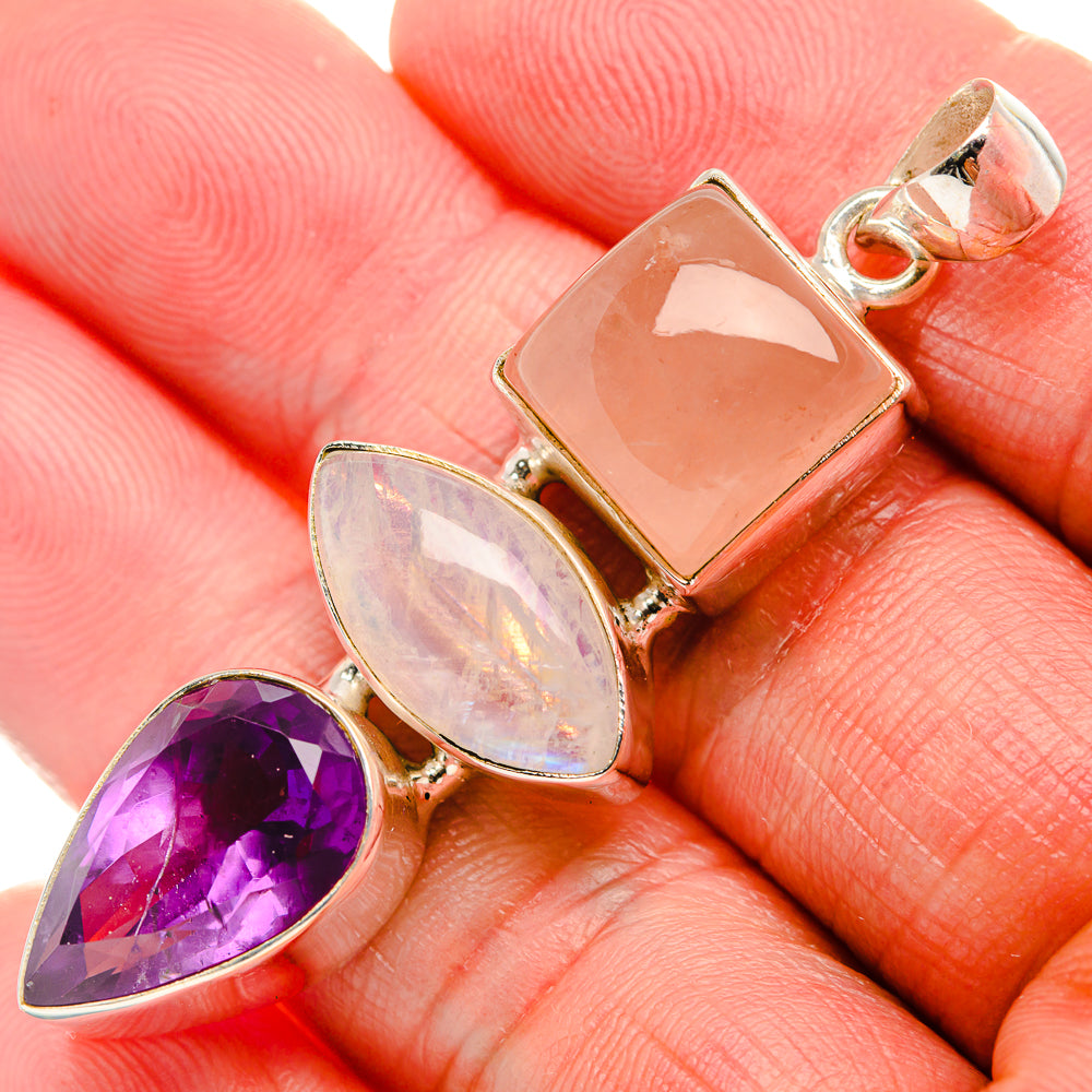 Rainbow Moonstone, Amethyst, Rose Quartz 925 Sterling Silver Pendant 2 1/8" (925 Sterling Silver) PD37660