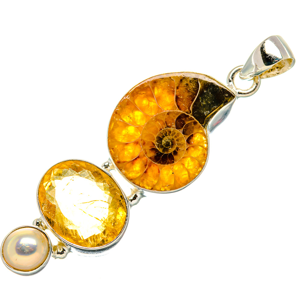 Ammonite Fossil, Citrine, Cultured Pearl Pendant 2 1/8"  (925 Sterling Silver) PD37191