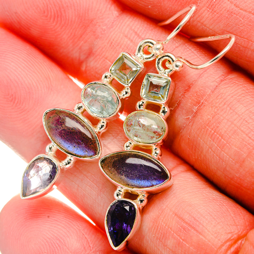 Labradorite, Tanzanite, Aquamarine, Blue Topaz Earrings 1 3/4" (925 Sterling Silver) EARR431806