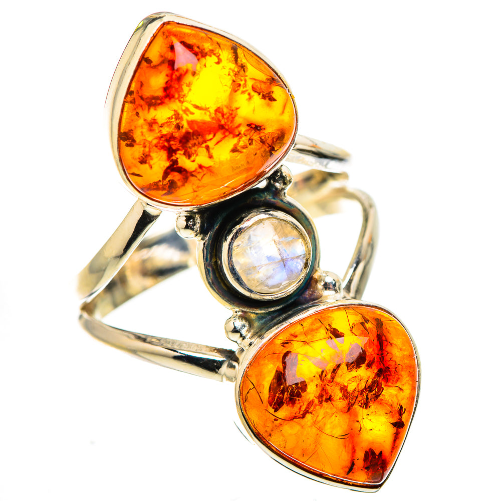 Baltic Amber, Rainbow Moonstone Ring Size 9 (925 Sterling Silver) RING134963