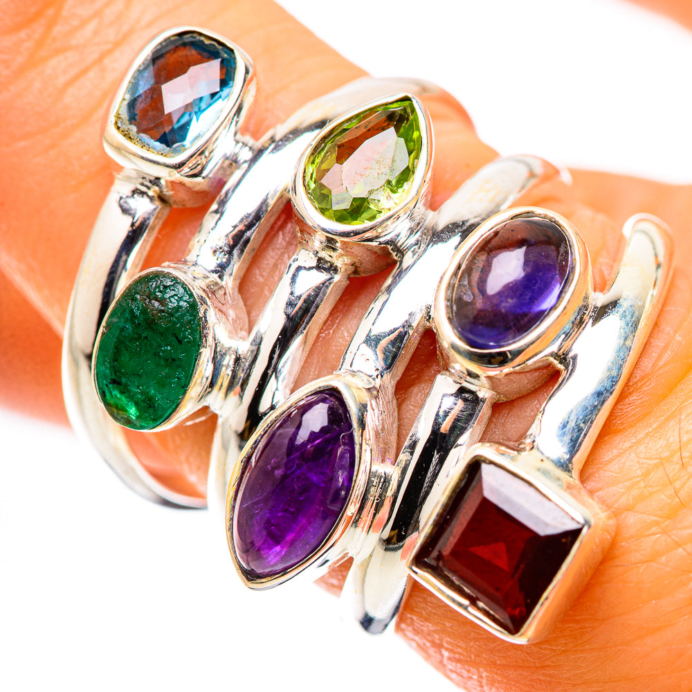 Anasilvercos Garnet, Tanzanite, Amethyst, Peridot, Blue Topaz, Emerald Ring Size 7 (925 Sterling Silver)