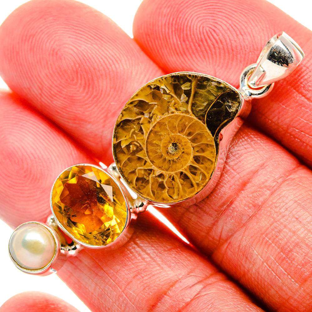 Ammonite Fossil, Citrine, Cultured Pearl Pendant 2"  (925 Sterling Silver) PD37169