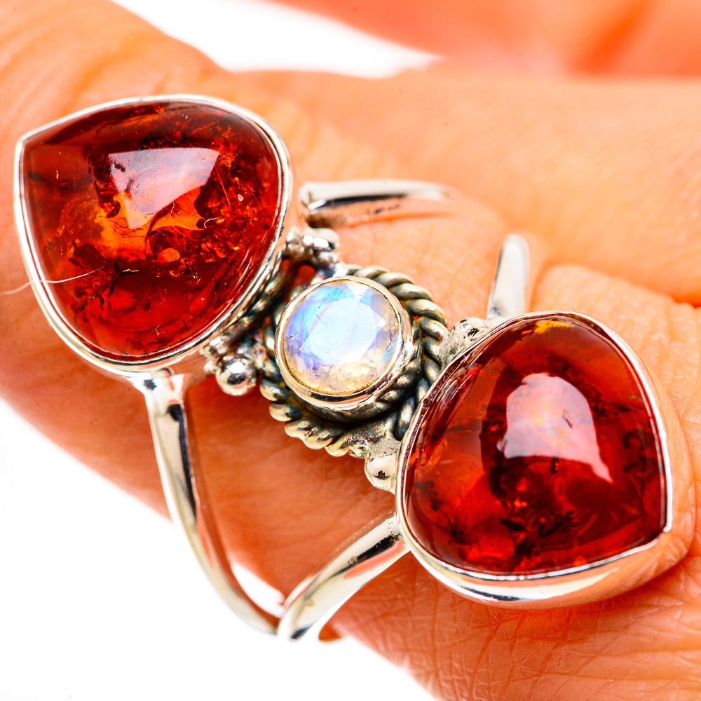 Large Baltic Amber, Rainbow Moonstone Ring Size 9 (925 Sterling Silver) RING134715