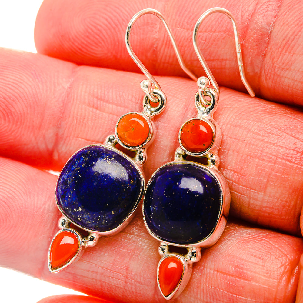 Lapis Lazuli, Red Coral Earrings 1 5/8" (925 Sterling Silver) EARR431853