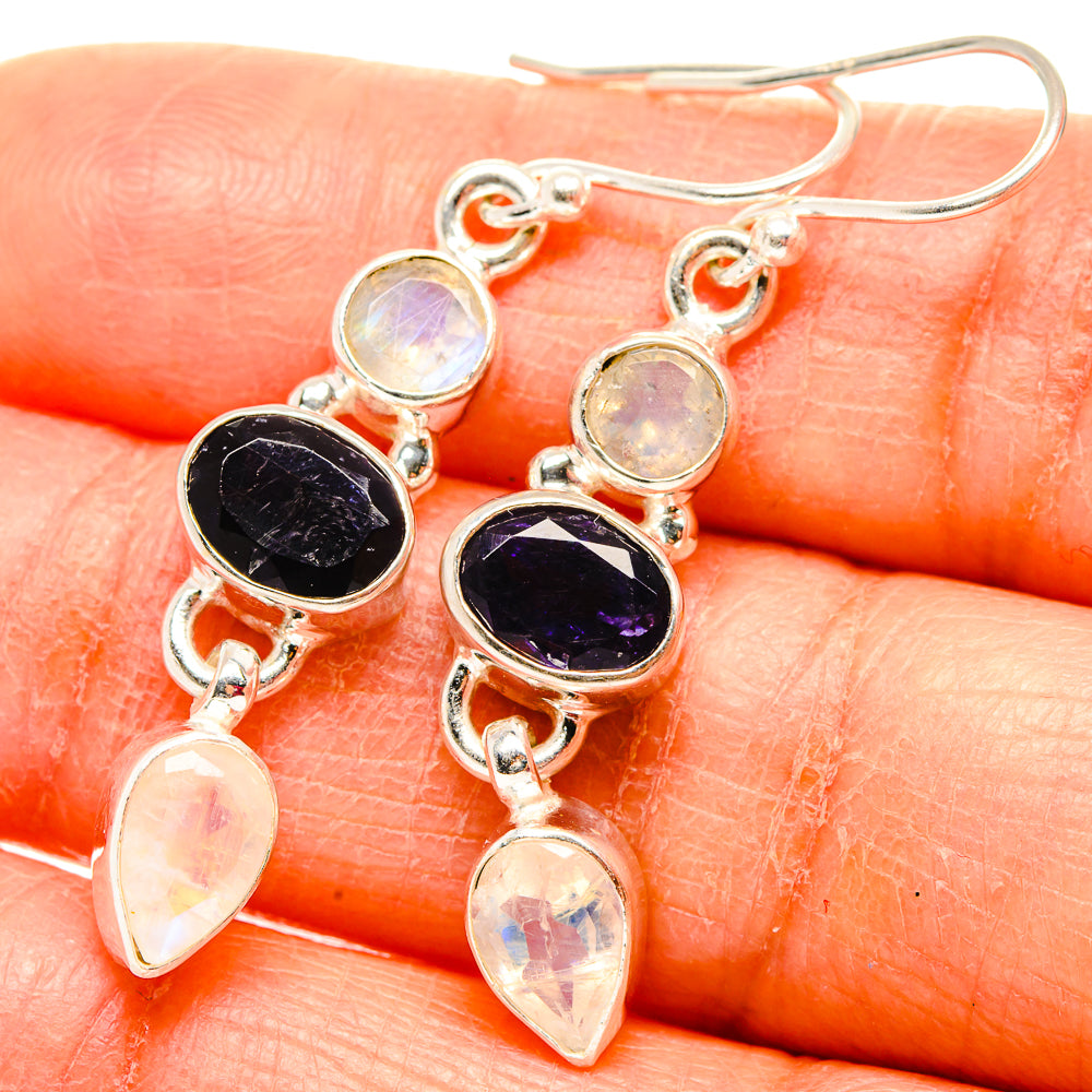 Faceted Tanzanite, Rainbow Moonstone Earrings 1 3/4" (925 Sterling Silver) EARR431606