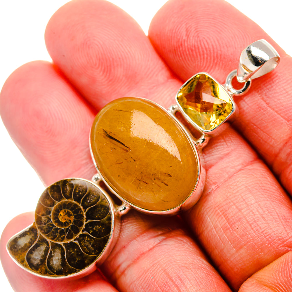 Rutilated Quartz, Ammonite Fossil, Citrine Pendant 2 3/8" (925 Sterling Silver) PD37601