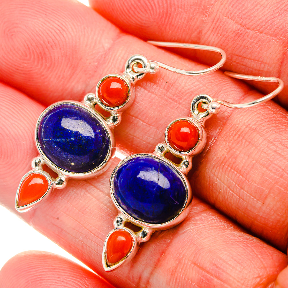 Lapis Lazuli, Red Coral Earrings 1 5/8" (925 Sterling Silver) EARR431890