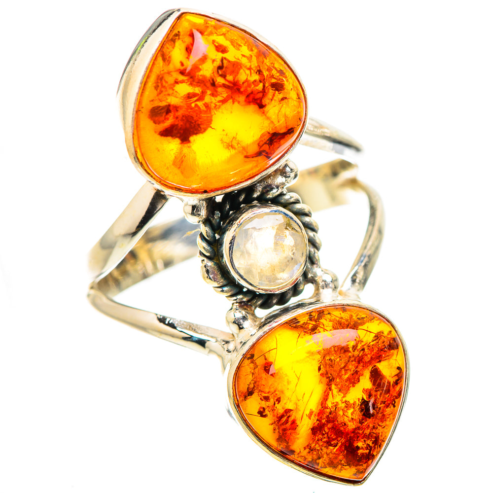 Large Baltic Amber, Moonstone 925 Sterling Silver Ring Size 9.75 R135359