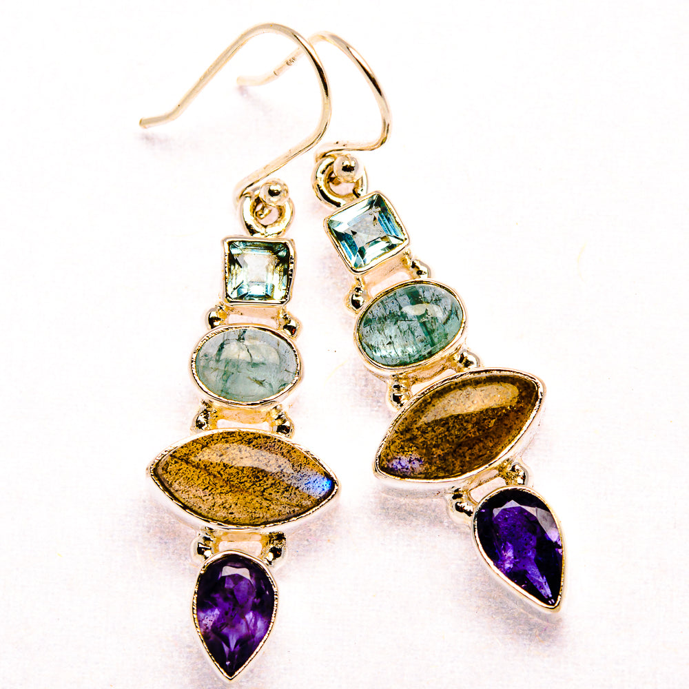 Labradorite, Tanzanite, Aquamarine, Blue Topaz Earrings 1 3/4" (925 Sterling Silver) EARR431910