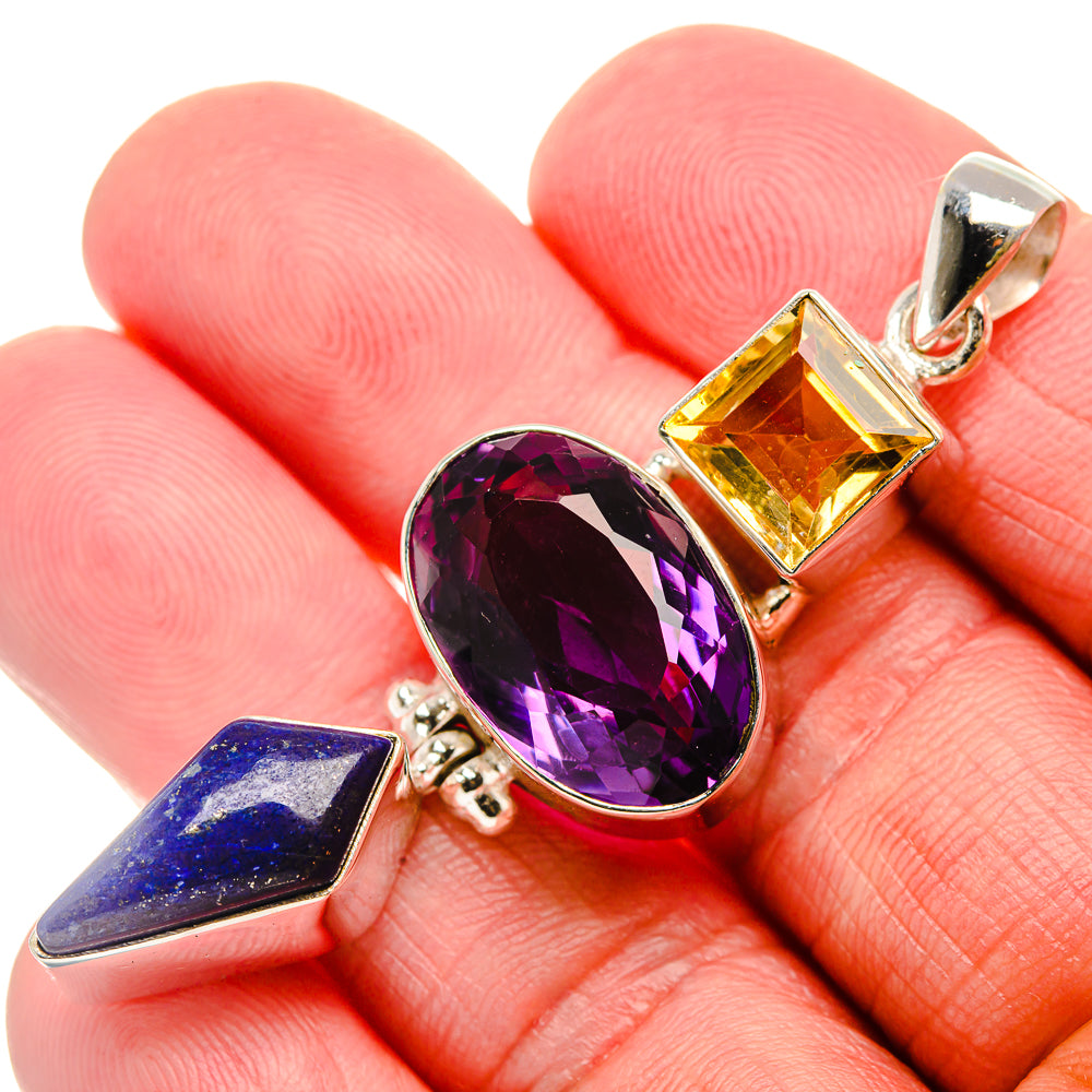 Faceted Amethyst, Citrine, Lapis Lazuli Pendant 2 3/8" (925 Sterling Silver) PD37534
