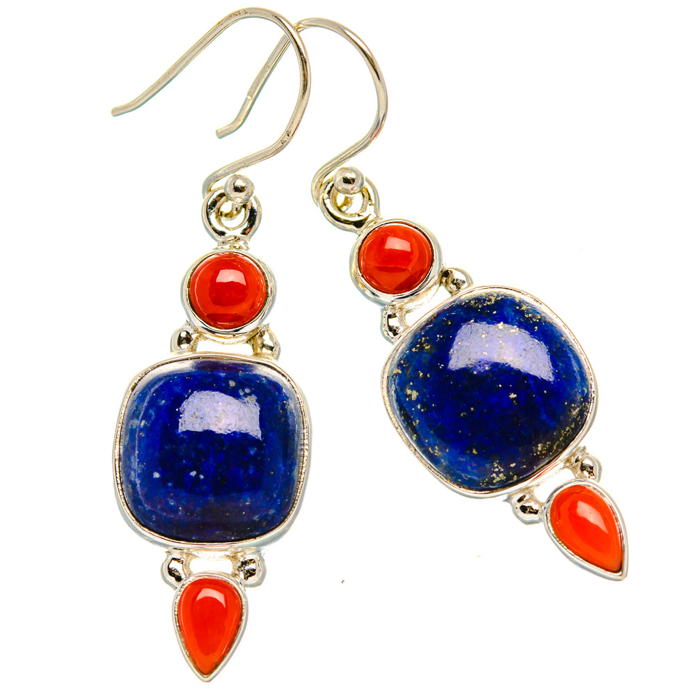 Lapis Lazuli, Red Coral 925 Sterling Silver Earrings 1 5/8" (925 Sterling Silver) EARR431921