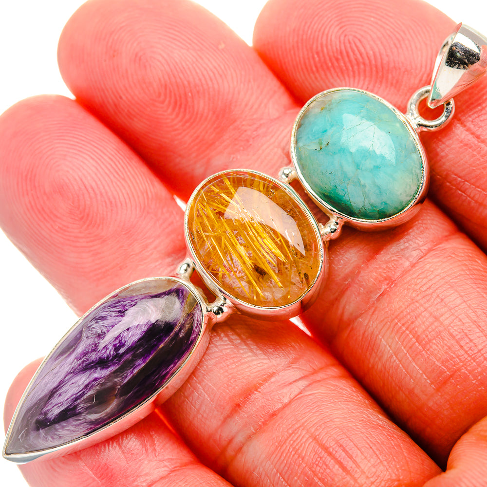 Charoite, Rutilated Quartz, Chrysocolla 925 Sterling Silver Pendant 2 5/8" (925 Sterling Silver) PD37704