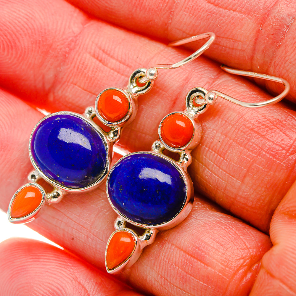 Lapis Lazuli, Red Coral 925 Sterling Silver Earrings 1 5/8" (925 Sterling Silver) EARR431913