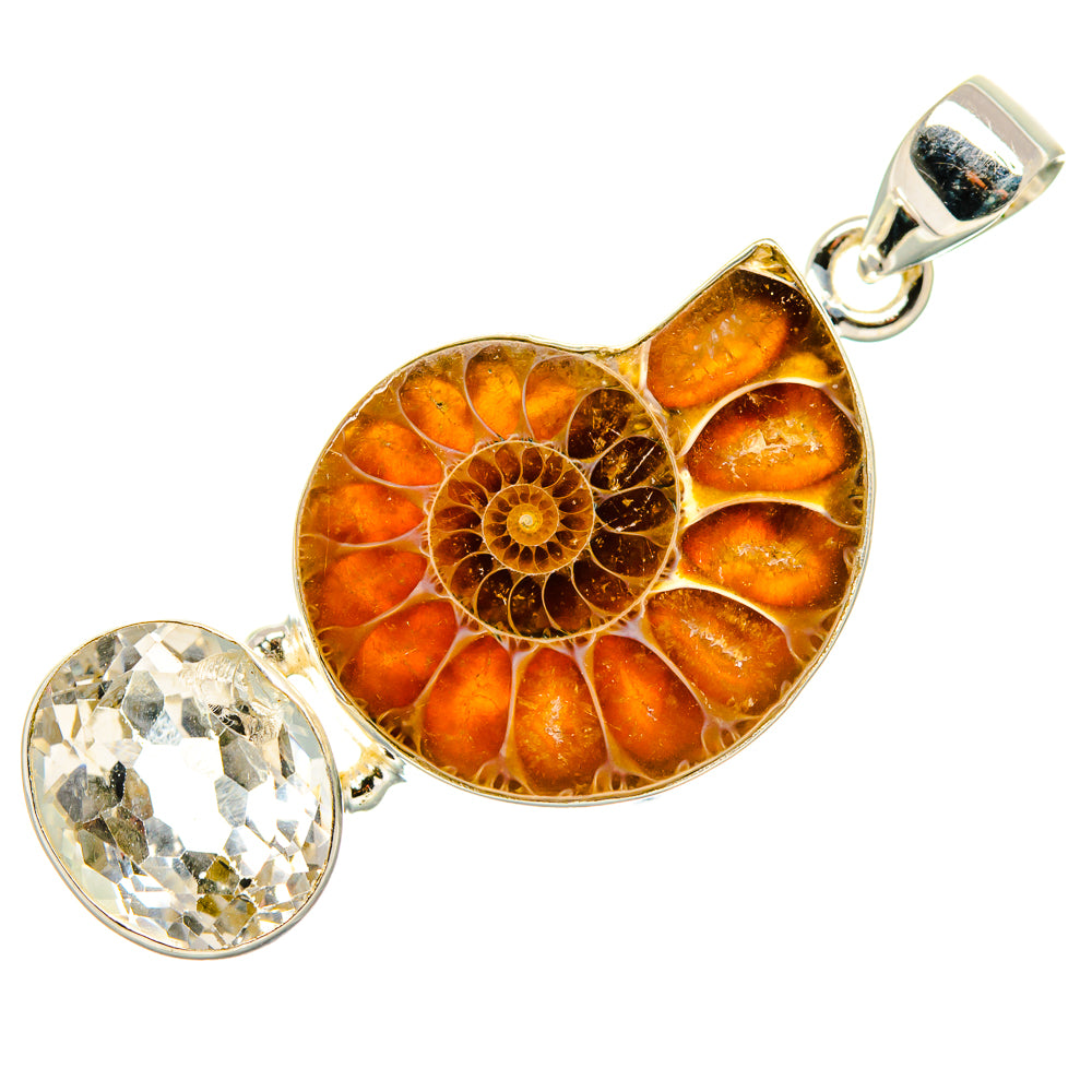 Ammonite Fossil, White Quartz Pendant 1 3/4"  (925 Sterling Silver) PD36916