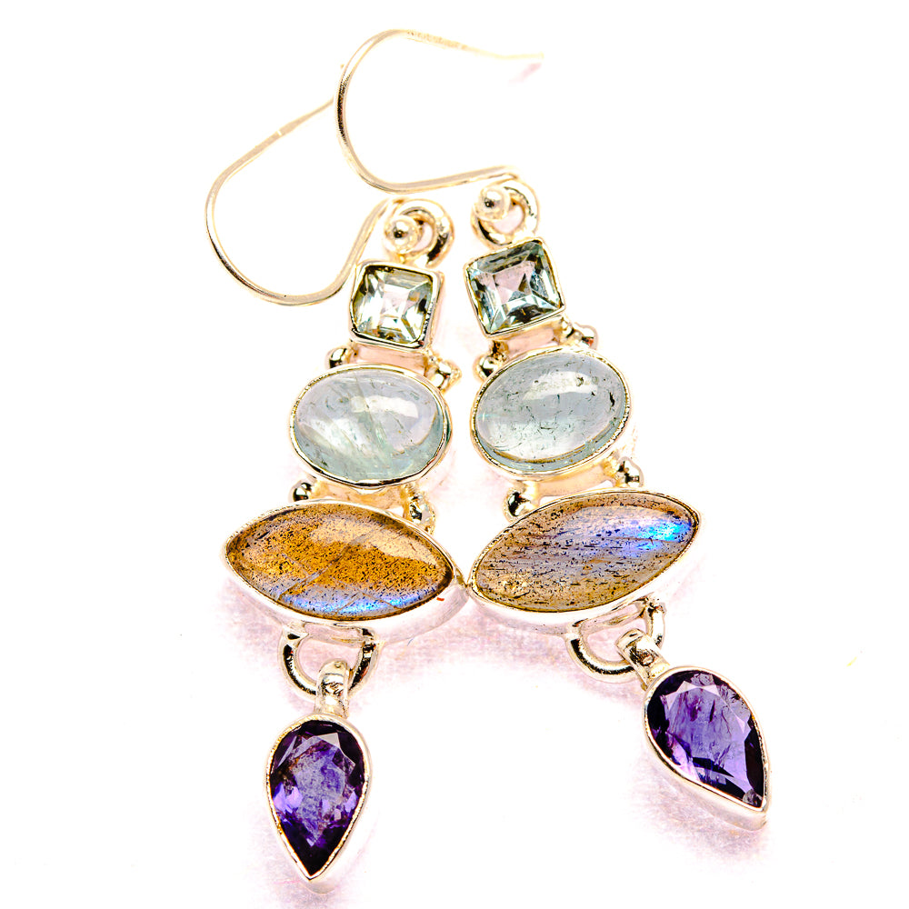 Labradorite, Tanzanite, Aquamarine, Blue Topaz Silver Earrings 1 7/8" E431818