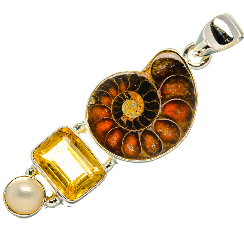 Ammonite Fossil, Citrine, Cultured Pearl Pendant 1 7/8" (925 Sterling Silver) PD36993